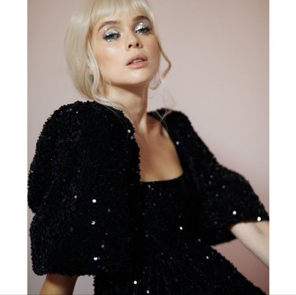 Selkie Black Sequin Puff Dress - Picture 2 of 16